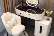 Big Modern Vanity Desk with Mirror and Lights, Makeup Vanity Desk with 5 Drawers and Chair, Dressing Table with Glass Top, White