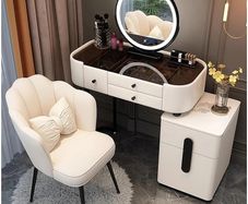 Big Modern Vanity Desk with Mirror and Lights, Makeup Vanity Desk with 5 Drawers and Chair, Dressing Table with Glass Top, White