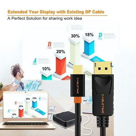 Cabletime 2M Mini DisplayPort to DisplayPort v1.2 Male (4K@60Hz) (Video-Audio) (Gold-Plated) Cable (Brand New/Warranty)
