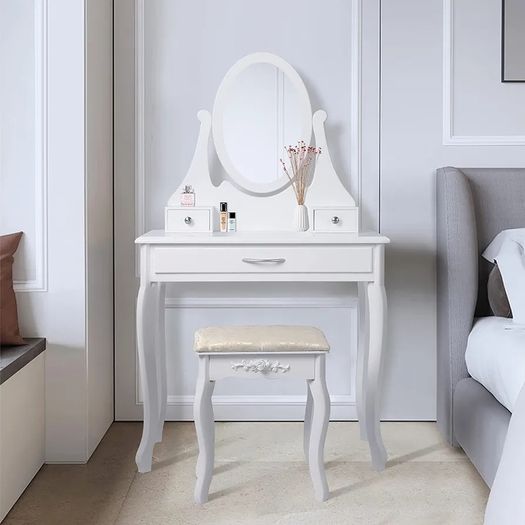 ML-Design Dressing Table White Dressing Table with Mirror, Stool and 3 Drawers, 75 x 140 x 40 cm, Country House Style, Cosmetic Table for Women and Girls, Dressing Table Made of MDF Wood, Chest of