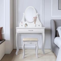 ML-Design Dressing Table White Dressing Table with Mirror, Stool and 3 Drawers, 75 x 140 x 40 cm, Country House Style, Cosmetic Table for Women and Girls, Dressing Table Made of MDF Wood, Chest of