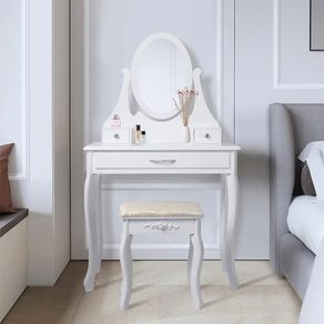 ML-Design Dressing Table White Dressing Table with Mirror, Stool and 3 Drawers, 75 x 140 x 40 cm, Country House Style, Cosmetic Table for Women and Girls, Dressing Table Made of MDF Wood, Chest of