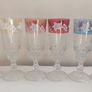 Fabulous Set of Six Vintage Retro Pressed Glass Footed Flutes with Bands of Iridescent Rainbow Colours and Floral Motifs, Capacity 120mls Image 6