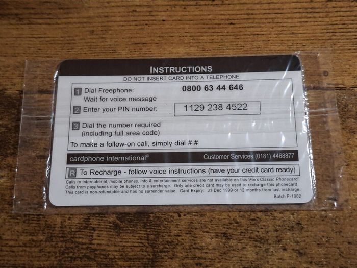 Great Britain UK Phonecard "Fox's Classic Biscuit", mint in wrapper, 3 minutes - free standard postage
