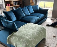 Velvet sofa with right hand chaise end