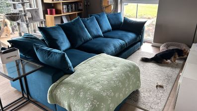 Velvet sofa with right hand chaise end
