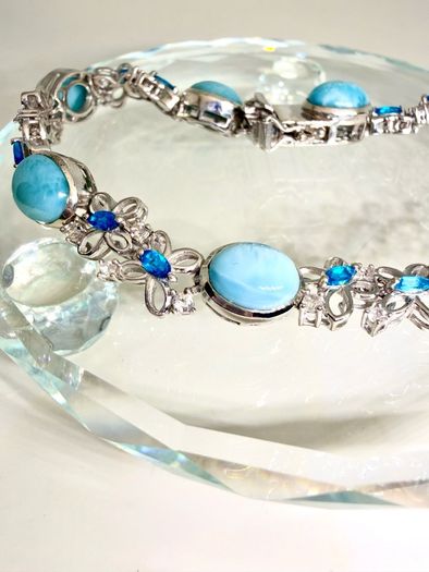 Silver bracelet Larimar & Neon Apatite Cluster Bracelet