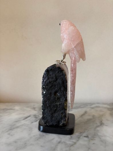 Rose Quartz Parrot on Large Amethyst Geode Cluster Base