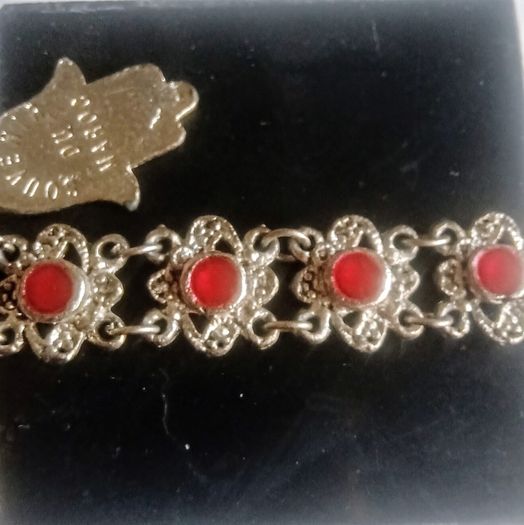 Vintage 1960s Souvenir du Maroc Hamsa Hand link bracelet red enamel