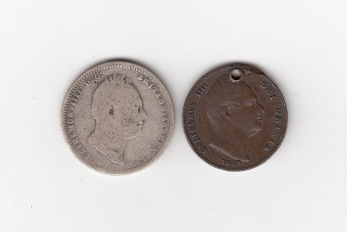 1834, 1/-, 92.5% Silver coin and 1837 holed coin(no 357)
