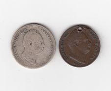 1834, 1/-, 92.5% Silver coin and 1837 holed coin(no 357)