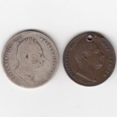 1834, 1/-, 92.5% Silver coin and 1837 holed coin(no 357)