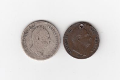 1834, 1/-, 92.5% Silver coin and 1837 holed coin(no 357)