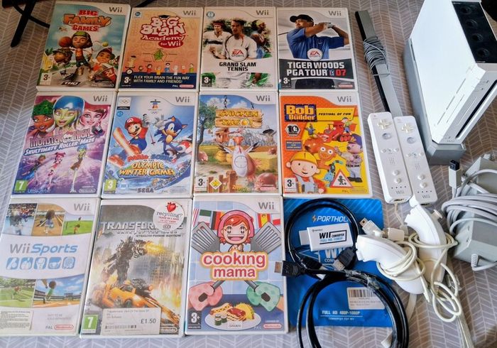 Nintendo Wii Bundle , 11 Games, 2 Controllers, HDMI Converter