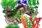 NEW SALE | Aquarium Ornament Plants with Resin Arch Bridge, 12pcs Green Aquariums Plants Plastic and Aquarium Decorative Pavilion Tree Bridge for Fish Tank Ornament Decoration