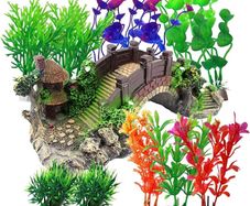 NEW SALE | Aquarium Ornament Plants with Resin Arch Bridge, 12pcs Green Aquariums Plants Plastic and Aquarium Decorative Pavilion Tree Bridge for Fish Tank Ornament Decoration