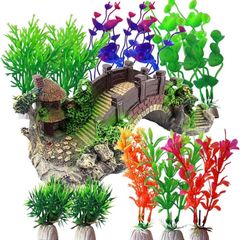 NEW SALE | Aquarium Ornament Plants with Resin Arch Bridge, 12pcs Green Aquariums Plants Plastic and Aquarium Decorative Pavilion Tree Bridge for Fish Tank Ornament Decoration