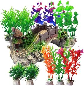 NEW SALE | Aquarium Ornament Plants with Resin Arch Bridge, 12pcs Green Aquariums Plants Plastic and Aquarium Decorative Pavilion Tree Bridge for Fish Tank Ornament Decoration