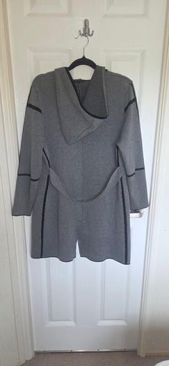 Grey Hooded Longline Cardigan Coatigan Contrast Trim Pockets Size L