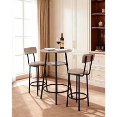 3PCS 596.9mm Bars Tables Set, Bar Tables and Chair Set with Rounded Corner Design, Round Pub Table with Two Stools for Office Desk, Breakfast Corner, Mini Bars, Light Gray, Black