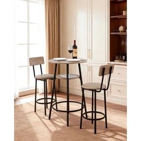 3PCS 596.9mm Bars Tables Set, Bar Tables and Chair Set with Rounded Corner Design, Round Pub Table with Two Stools for Office Desk, Breakfast Corner, Mini Bars, Light Gray, Black