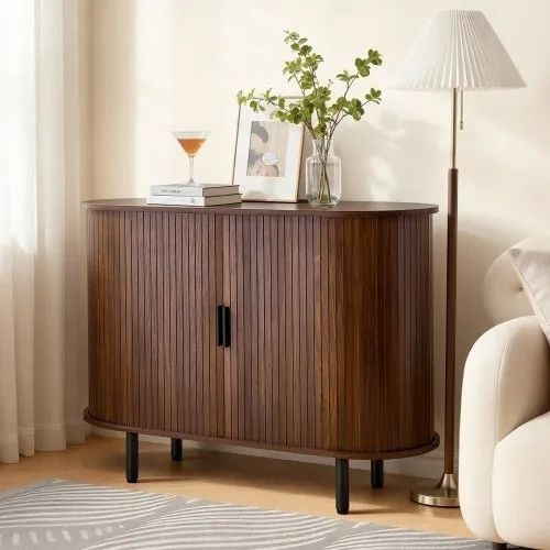Coffee Bar Cabinet, Mid Century Fluted Coffee Bar Table, Buffet Stand Cabinet with 2 Sliding Doors, Sideboard Buffet Station for Living Room, Entryway, Kitchen, 100 x 40 x 75 cm, Walnut