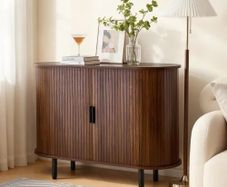 Coffee Bar Cabinet, Mid Century Fluted Coffee Bar Table, Buffet Stand Cabinet with 2 Sliding Doors, Sideboard Buffet Station for Living Room, Entryway, Kitchen, 100 x 40 x 75 cm, Walnut