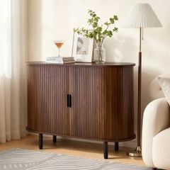 Coffee Bar Cabinet, Mid Century Fluted Coffee Bar Table, Buffet Stand Cabinet with 2 Sliding Doors, Sideboard Buffet Station for Living Room, Entryway, Kitchen, 100 x 40 x 75 cm, Walnut