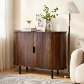 Coffee Bar Cabinet, Mid Century Fluted Coffee Bar Table, Buffet Stand Cabinet with 2 Sliding Doors, Sideboard Buffet Station for Living Room, Entryway, Kitchen, 100 x 40 x 75 cm, Walnut