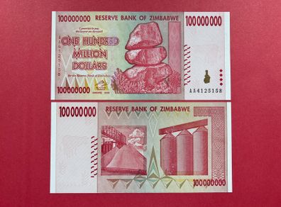 Zimbabwe  100 Million Dollars   UNC  Pick  80a  2008. Verified Under Uv Light .