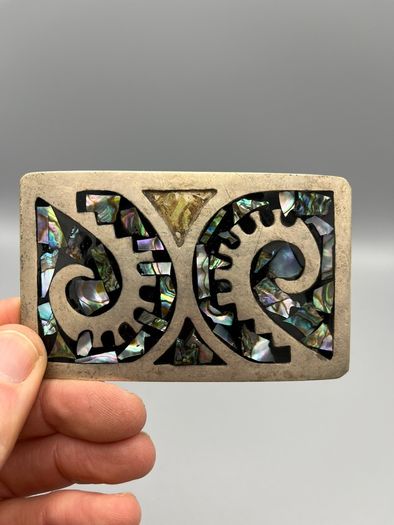 Vintage Alpaca Mexico Belt Buckle - Abalone Inlay, Scrollwork Design (Minor Damage)