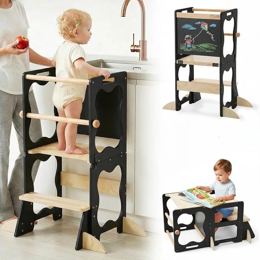 4-in-1 Toddler Standing Tower, Convertible Kids Kitchen Step Stool with Anti-Drop Safety Rail, Multi-Use Learning Helper Tower for Kitchen Counter, with Blackboard (Black & Natural)