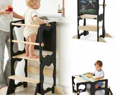 4-in-1 Toddler Standing Tower, Convertible Kids Kitchen Step Stool with Anti-Drop Safety Rail, Multi-Use Learning Helper Tower for Kitchen Counter, with Blackboard (Black & Natural)