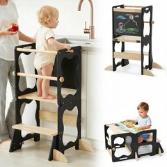 4-in-1 Toddler Standing Tower, Convertible Kids Kitchen Step Stool with Anti-Drop Safety Rail, Multi-Use Learning Helper Tower for Kitchen Counter, with Blackboard (Black & Natural)