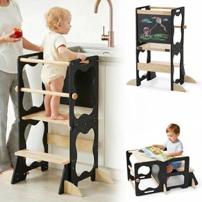 4-in-1 Toddler Standing Tower, Convertible Kids Kitchen Step Stool with Anti-Drop Safety Rail, Multi-Use Learning Helper Tower for Kitchen Counter, with Blackboard (Black & Natural)