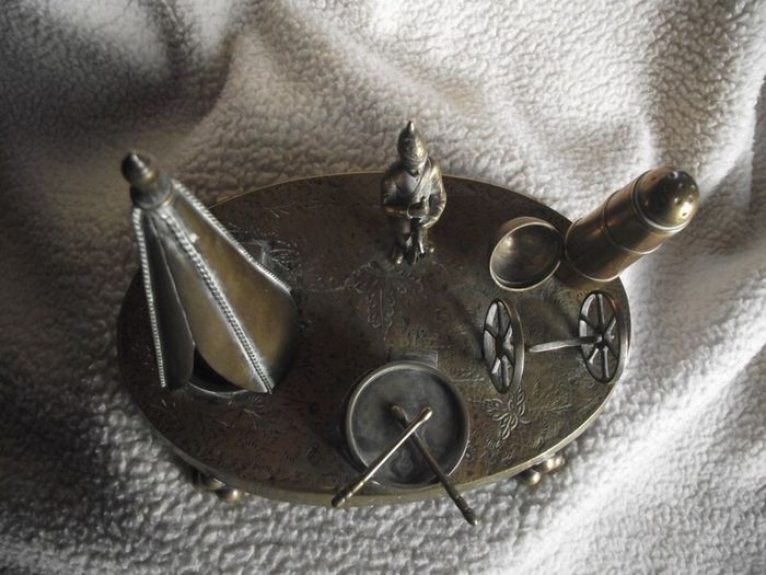 Victorian Brass Inkwell Desk Set - Military Theme - Lozenge Mark 13th January 1883