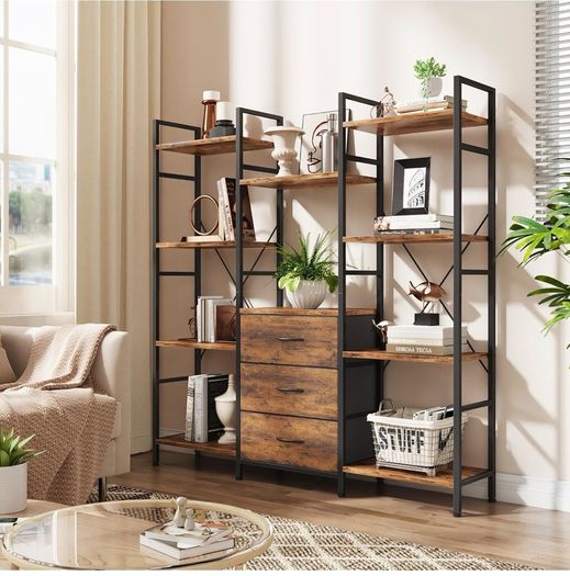 4-Tier Bookcase with Drawers, 100cm Wide Rustic Brown Shelving Unit 142cm Height, 10 Open Shelves + 3 Fabric Drawers, Industrial Rustic, For Living/Bedroom/Home Office, Large Storage