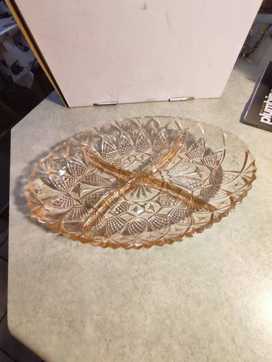 Rare find Stamped French pink glass serving dish, oval serving plate, hors d'oeuvres dish, divided oval pressed glass dish France, rosaline glass serving tray