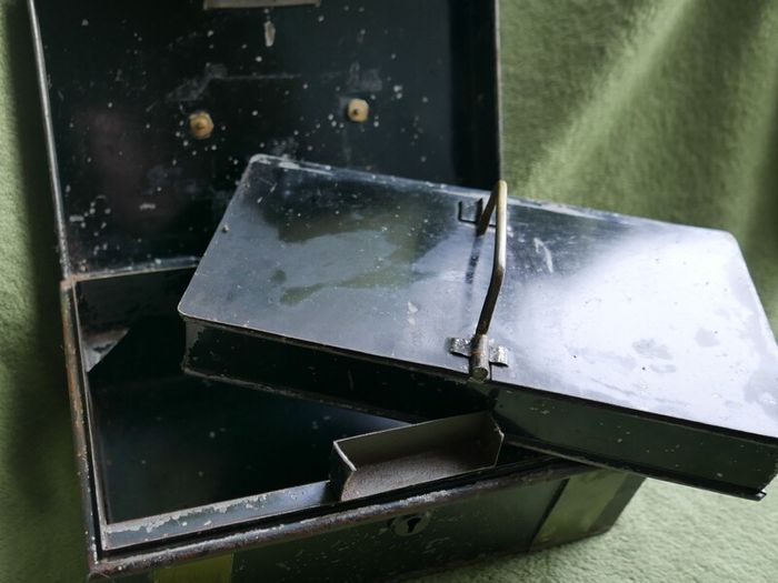 Vintage Black Metal Cash Box Document Tin Black Metal Tin Office Metal Box Supplies Office