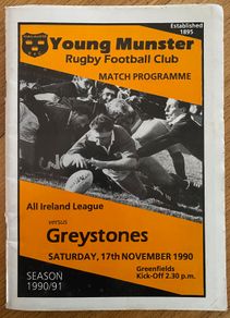 Very Rare 1990 Young Munster v Greystones - AIL Division 1 Rugby Programme 1991 Young Munster v St. Mary's College - AIL Division 1 Rugby Programme