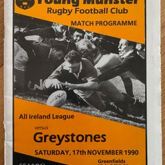 Very Rare 1990 Young Munster v Greystones - AIL Division 1 Rugby Programme 1991 Young Munster v St. Mary's College - AIL Division 1 Rugby Programme
