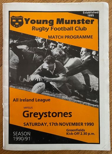 Very Rare 1990 Young Munster v Greystones - AIL Division 1 Rugby Programme 1991 Young Munster v St. Mary's College - AIL Division 1 Rugby Programme