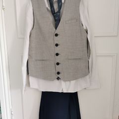 Grey Waistcoat, White Shirt & A Tie Set Navy Suit Trousers