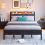 Double Bed Frame with Storage Headboard,Charging Station,LED Lights,4ft6 Metal Platform Upholstered Bed Frame Double Bed,for 135 x 190 cm Image 7