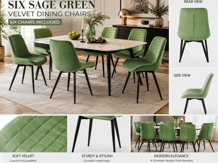 Set of 6 Sage Green Velvet Dining Chairs Upholstered Kitchen Dining Room Chairs