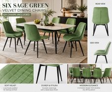 Set of 6 Sage Green Velvet Dining Chairs Upholstered Kitchen Dining Room Chairs