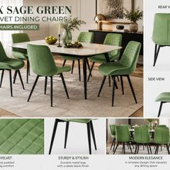 Set of 6 Sage Green Velvet Dining Chairs Upholstered Kitchen Dining Room Chairs
