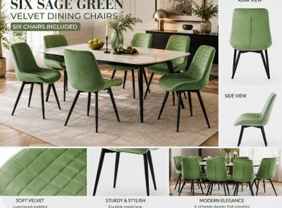 Set of 6 Sage Green Velvet Dining Chairs Upholstered Kitchen Dining Room Chairs