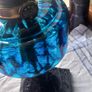 Antique Blue Glass Brass and cast iron metal large table oil lamp in very good condition and working Image 3