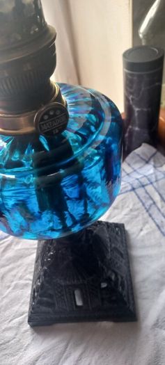 Antique Blue Glass Brass and cast iron metal large table oil lamp in very good condition and working